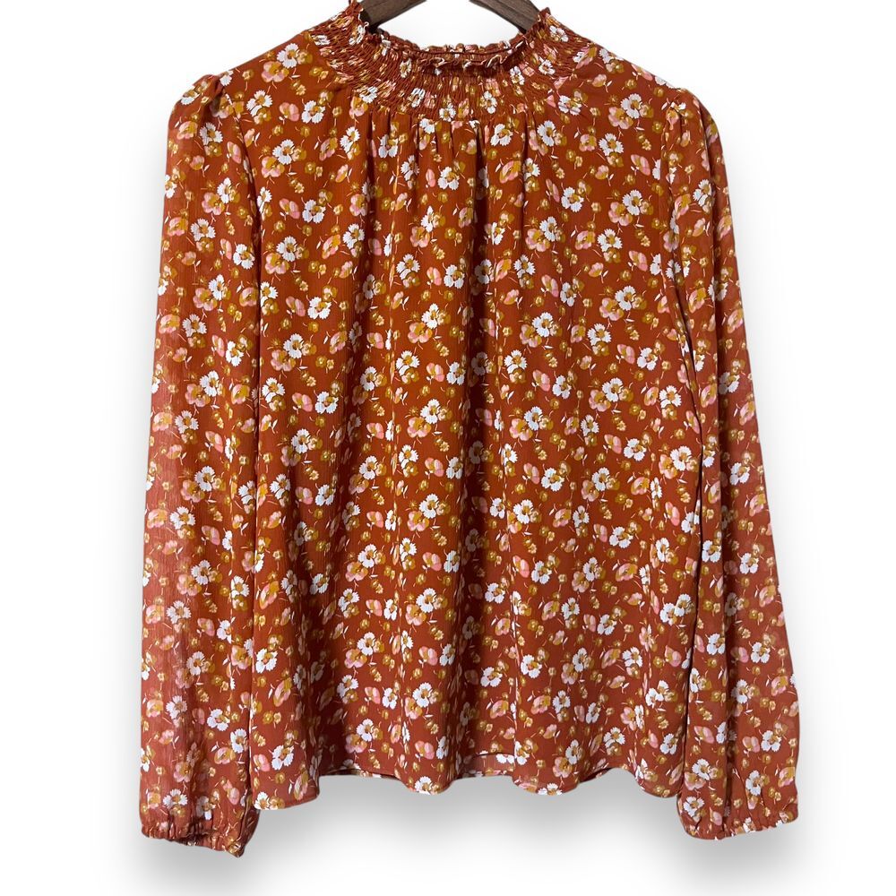 J Crew Shirt Medium Smocked Puff‎ Sleeve Ruffle Burnt Orange Floral Blouse